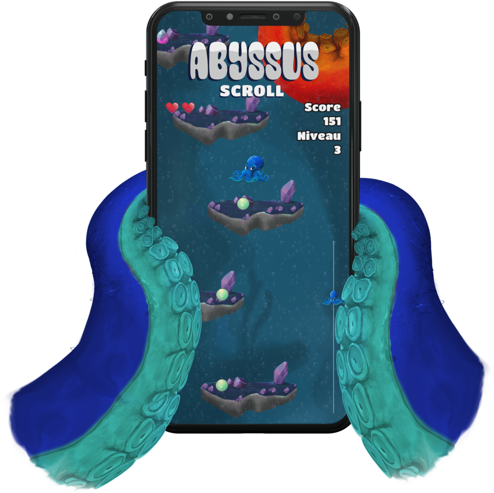 Téléphone vertical tenu par les bras d'un Octaly qui joue au mini-jeu Abyssus Scroll