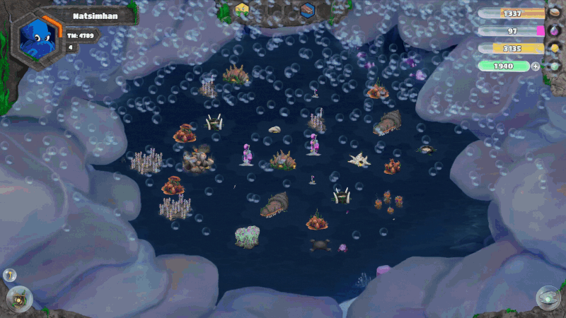 Simulation de gameplay d'Abyssus où on voit un terrain du biome arctique avec des batiments et des unités au centre. L'image est une animation où on aperçoit 3 avatars différents d'Octaly.
